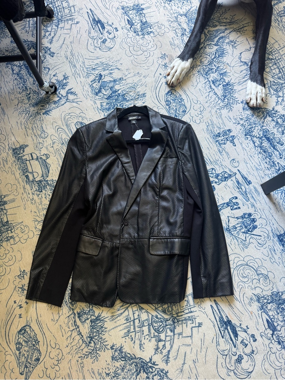 DKNY Black Perforated Leather-Style Blazer Jacket with Notch Lapel